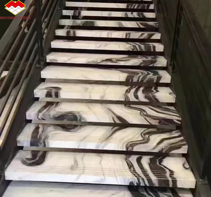 Modern Hotel Staircases Brothers Stone Panda White Marble Treads and Risers Anti Slip
