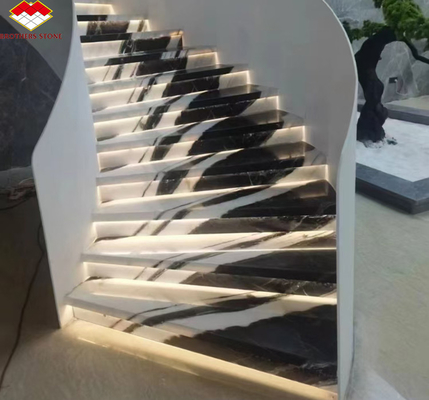 Easy Installation Panda White Marble Stairs with Modern Design and LED Wall Lights