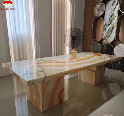 Hotel Table Furniture Design with Natural Stone Bookmatched Rainbow Onyx Marble Slab