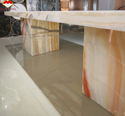 Hotel Table Furniture Design with Natural Stone Bookmatched Rainbow Onyx Marble Slab