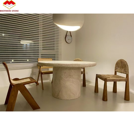 Polished Beige Round Travertine Dining Table Modern Stone Furniture for Living Room