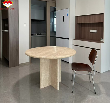 Polished Beige Round Travertine Dining Table Modern Stone Furniture for Living Room
