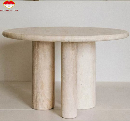 Polished Beige Round Travertine Dining Table Modern Stone Furniture for Living Room