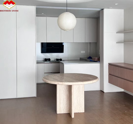 Polished Beige Round Travertine Dining Table Modern Stone Furniture for Living Room
