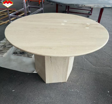 Polished Beige Round Travertine Dining Table Modern Stone Furniture for Living Room