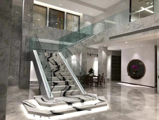 9/12/15mm Thickness LED Light Follows Panda White Marble Stair with Natural Stone