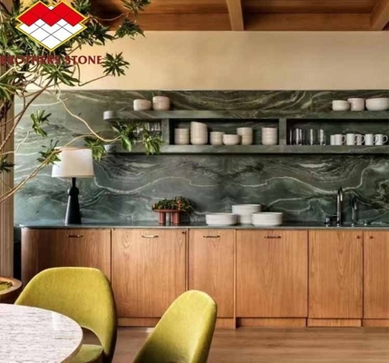 Modern Hotel Dining Table with Polished Green Marble Surface and Custom Graphic Design