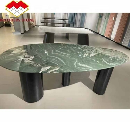 Modern Hotel Dining Table with Polished Green Marble Surface and Custom Graphic Design