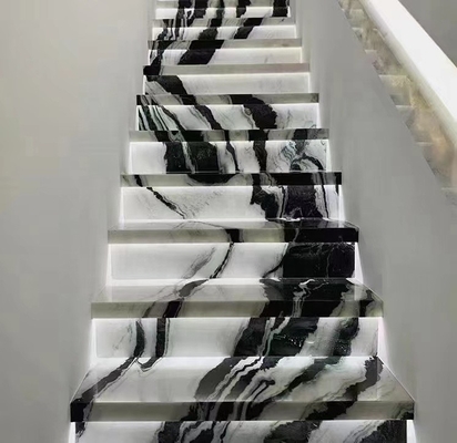 Indoor Stair Step Panel with LED Panda White Marble Treads and Risers for Villa Checked