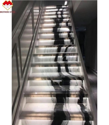 Indoor Stair Step Panel with LED Panda White Marble Treads and Risers for Villa Checked