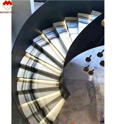Open Book Marmar Marble Flooring Spiral Stairs with Panda White Marble Treads and Risers