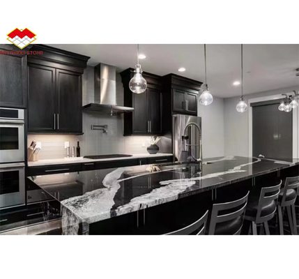 Modern Black Kitchen Countertop with Cabinets Stone Name Ink Impression Marble Big Slab