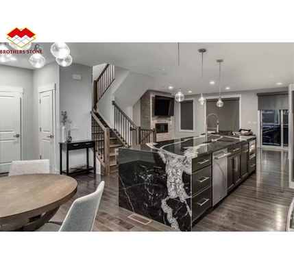 Modern Black Kitchen Countertop with Cabinets Stone Name Ink Impression Marble Big Slab
