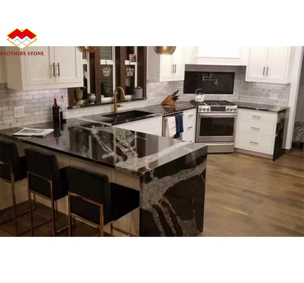 Modern Black Kitchen Countertop with Cabinets Stone Name Ink Impression Marble Big Slab
