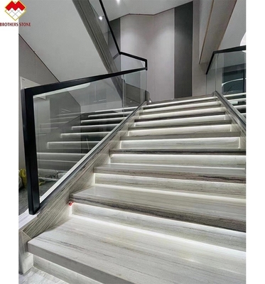 Wooden Veins White Marble Staircase LED Customized Size Step Tiles for Straight Stair