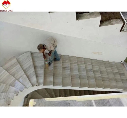 Wooden White Marble Straight Stair with Drawing Surface and Anti-Slip Tape Design