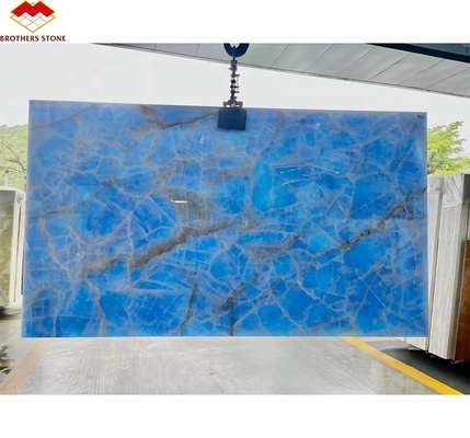 Natural Translucent Blue Onyx Stone Slab for TV Background Wall Panel in Golden Blue