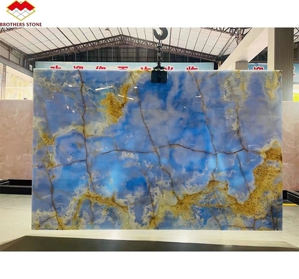 Natural Translucent Blue Onyx Stone Slab for TV Background Wall Panel in Golden Blue