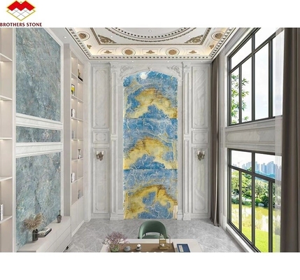 Natural Translucent Blue Onyx Stone Slab for TV Background Wall Panel in Golden Blue