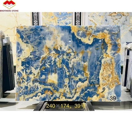 Blue Golden Onyx Stone Slabs Natural Translucent Marble for TV Background Wall Panels