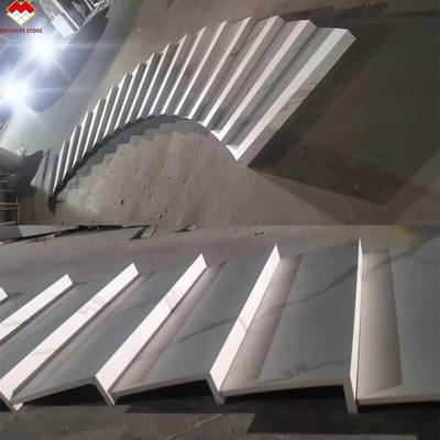 Indoor Stairs Made of Artificial Stone with Calacatta Pattern and LED Lighting Cover