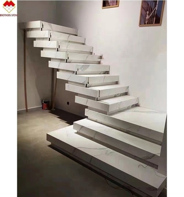 Customized design polished calacatta white marble look porcelain tile stairs matte sintered stone stair steps and risers