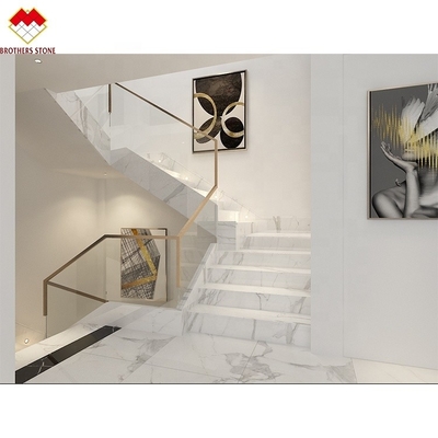 Customized White Marble Stair Step with Riser Designs Glass Railing in Spiral Design