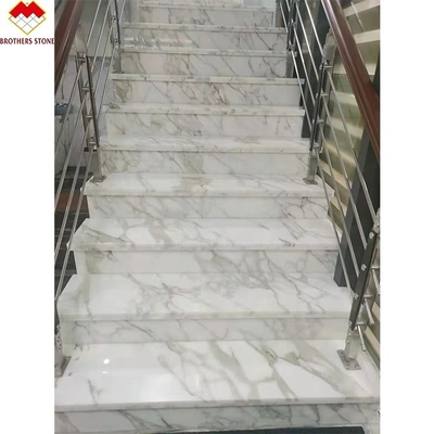 Villa Interior Stair Railing Made of Natural Marble Stone and Calacatta Gold Steps