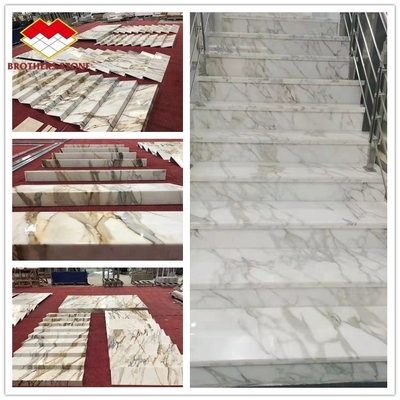 Villa Interior Stair Railing Made of Natural Marble Stone and Calacatta Gold Steps