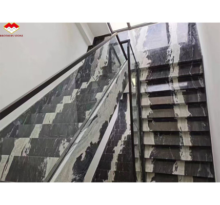 Calcite Marble Modern Staircase Design with Luxury Brazilian Cosmic Black Granite Slab