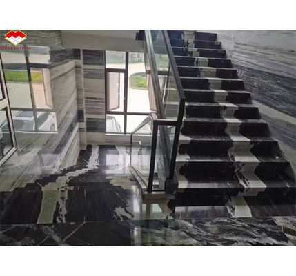 Calcite Marble Modern Staircase Design with Luxury Brazilian Cosmic Black Granite Slab
