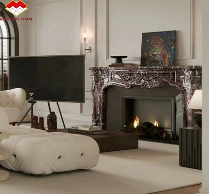 Indoor Stone Mantle for Modern Violet Marble Fireplace Surround in Luxury Living Room