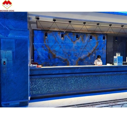 Blue Gold Veins Onyx Marble Slab Translucent Natural Stone Panel for Inner Decoration