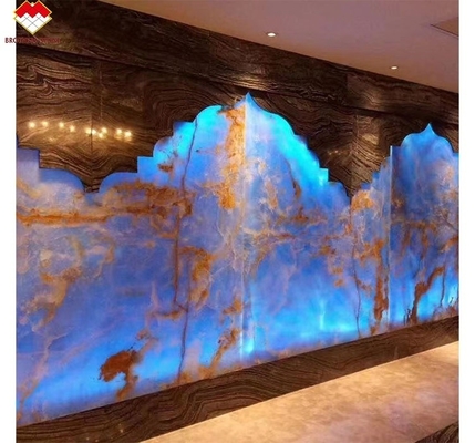Blue Gold Veins Onyx Marble Slab Translucent Natural Stone Panel for Inner Decoration