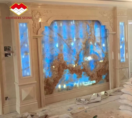 Blue Gold Veins Onyx Marble Slab Translucent Natural Stone Panel for Inner Decoration