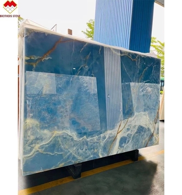 Blue Gold Veins Onyx Marble Slab Translucent Natural Stone Panel for Inner Decoration