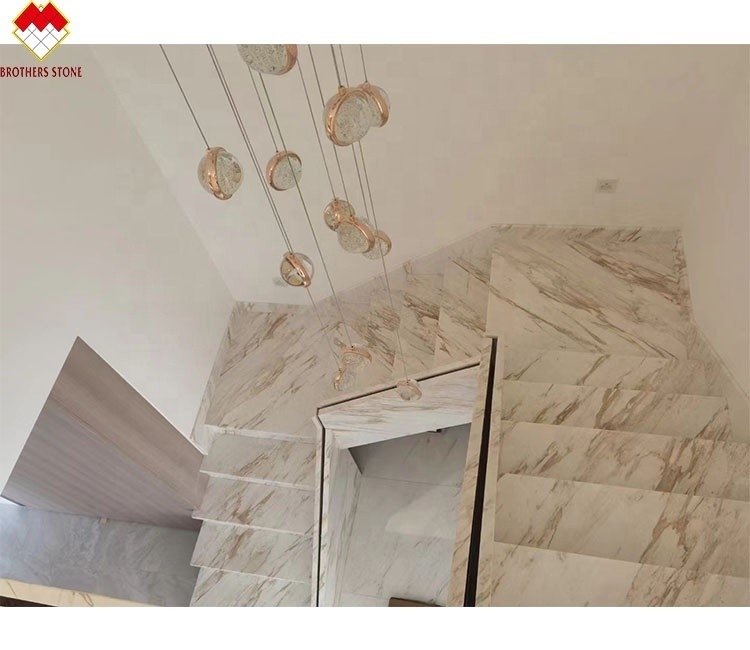 Customized Size Venus Gold Calacatta Marble Spiral Staircase Tread Indoor Modern LED Light and Anti-Slip Design