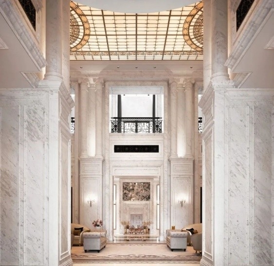 Modern Mideast Style Luxury Villa Beige Amber and White Marble Lavabo Interior Design