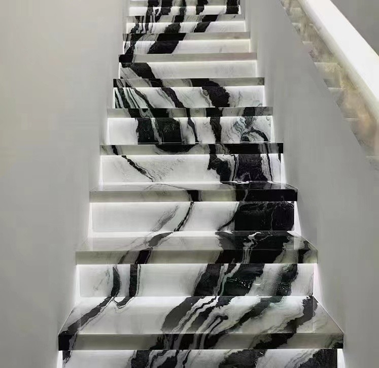 Indoor Stair Step Panel with LED Panda White Marble Treads and Risers for Villa Checked