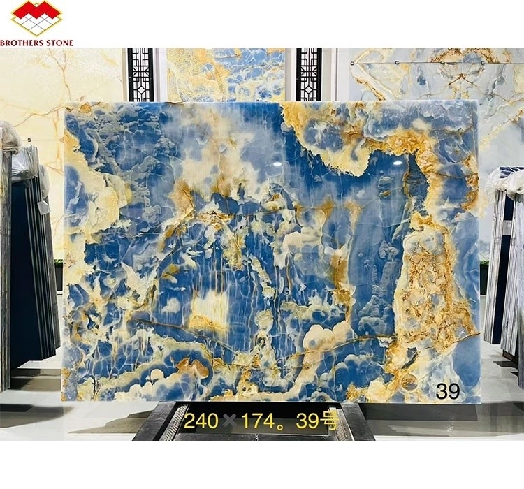 Blue Golden Onyx Stone Slabs Natural Translucent Marble for TV Background Wall Panels