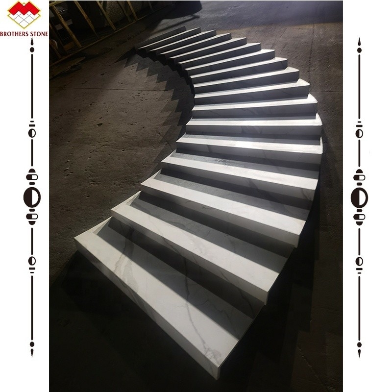 Indoor Stairs Made of Artificial Stone with Calacatta Pattern and LED Lighting Cover