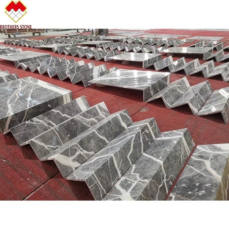 Customized Modern-Style Grey White Grains Marble Steps Carved Arc Staircase for Indoor