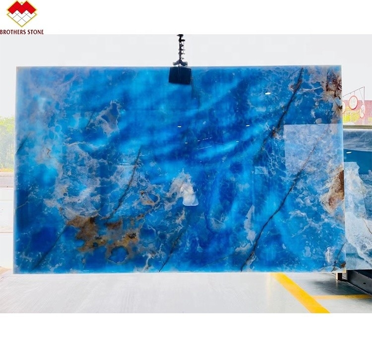 Blue Gold Veins Onyx Marble Slab Translucent Natural Stone Panel for Inner Decoration
