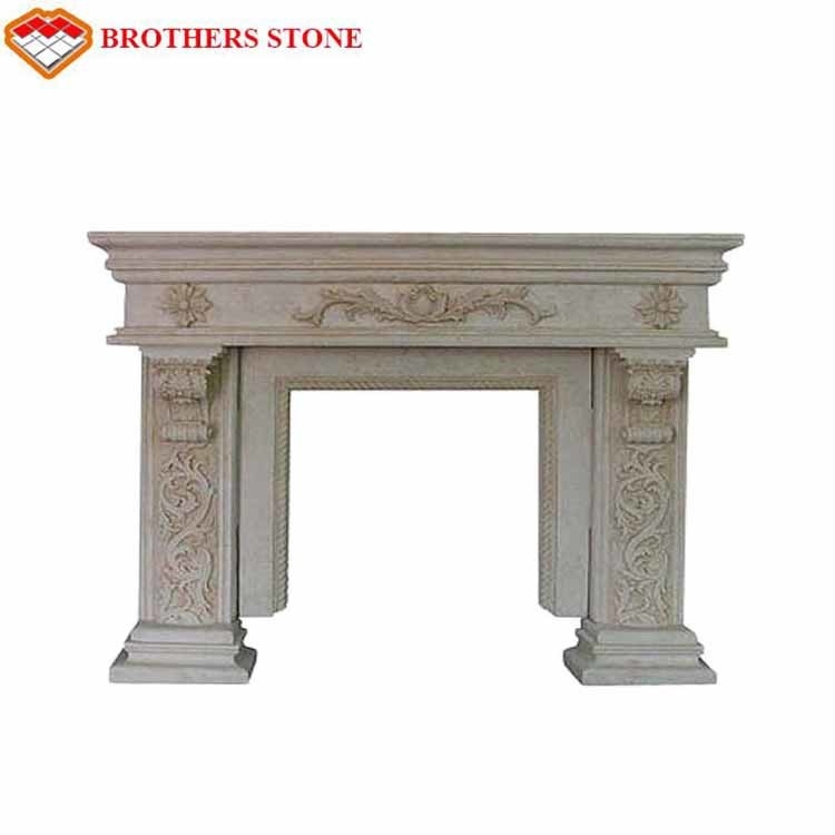 Beige Color Natural Stone Fireplaces , Marble Tile Fireplace Hearth