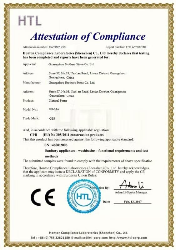China Guangzhou Brothers Stone Co., Ltd. Certification